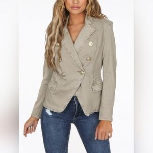 Tulip Paneled Denim Blazer with Gold Button Accents